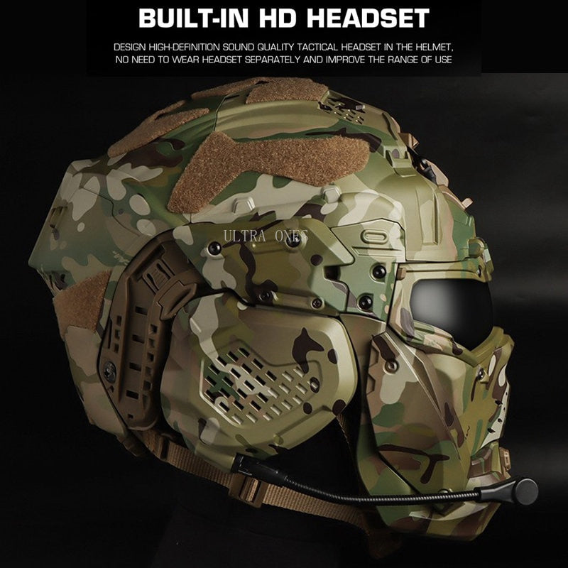 Tactical CS Helmet Paintball Airsoft Men Full Covered Helmets with Flip Mask Anti-fog Fan Shooting Helmet Built In Headset