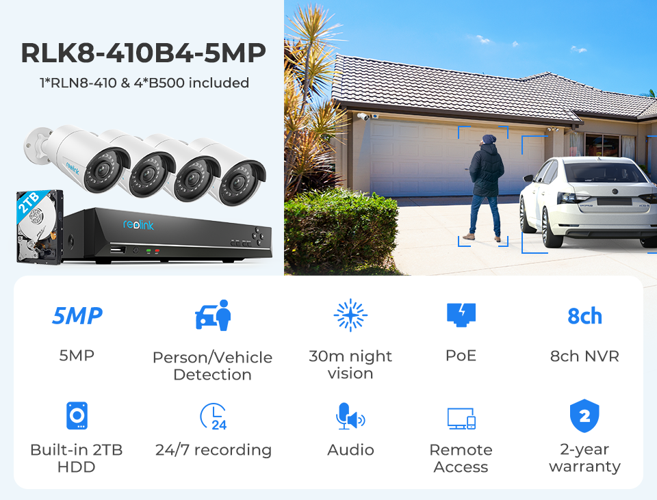 Reolink 4MP 5MP Camera System 8ch PoE NVR&amp;4 PoE IP Cameras Bullet Outdoor HD Video Surveillance Kit 2TB HDD RLK8-410B4