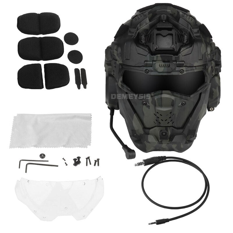 Tactical CS Helmet Paintball Airsoft Men Full Covered Helmets with Flip Mask Anti-fog Fan Shooting Helmet Built In Headset