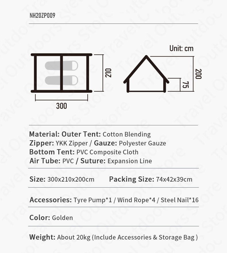 Campingtält på 6,3 m² från Naturehike. Uppblåsbart bomullstält för 3-4 personer