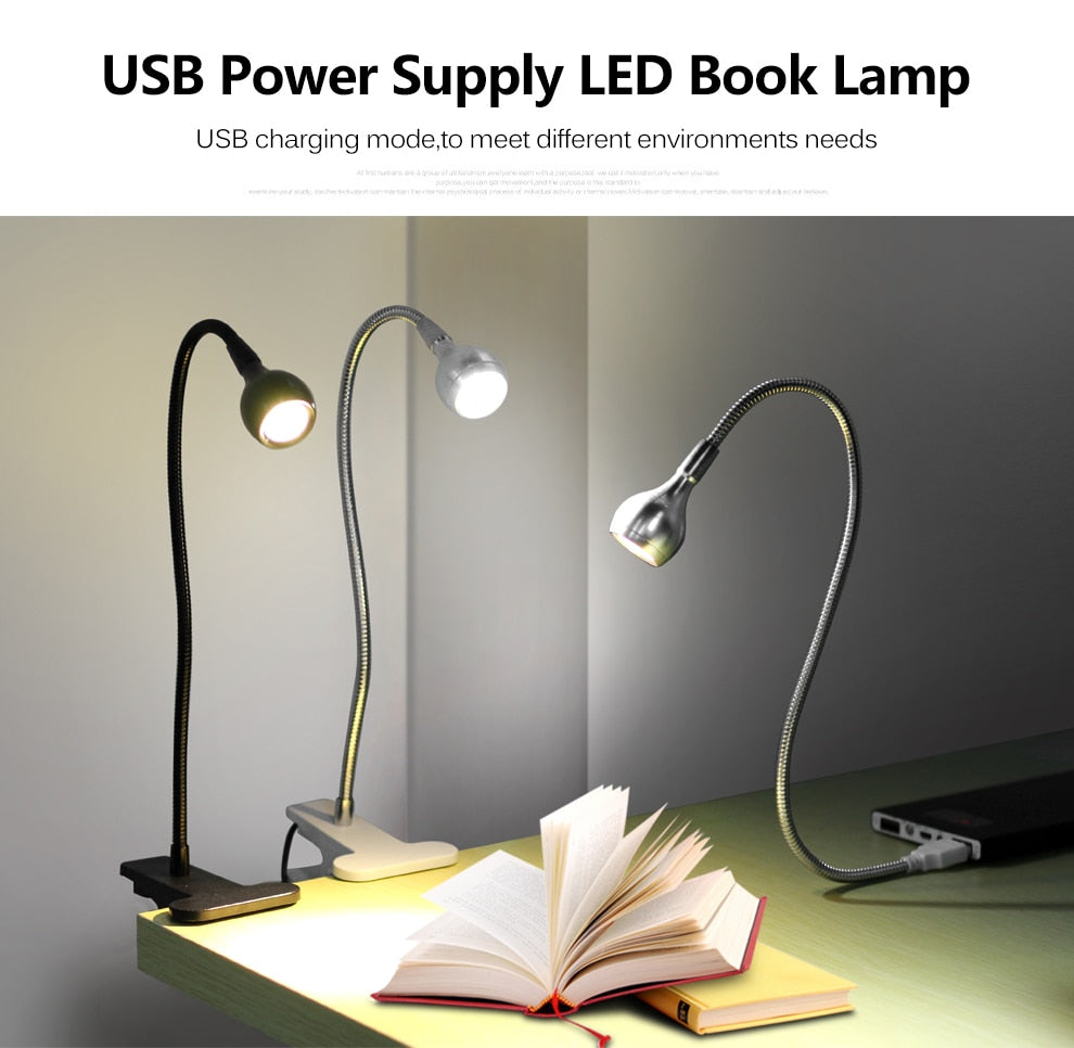 USB Power Clip Holder LED Book Light Desk Lamp 1W Flexible LED Reading Book Lamp Switch On/Off Table Lamp for Bedroom Study Room