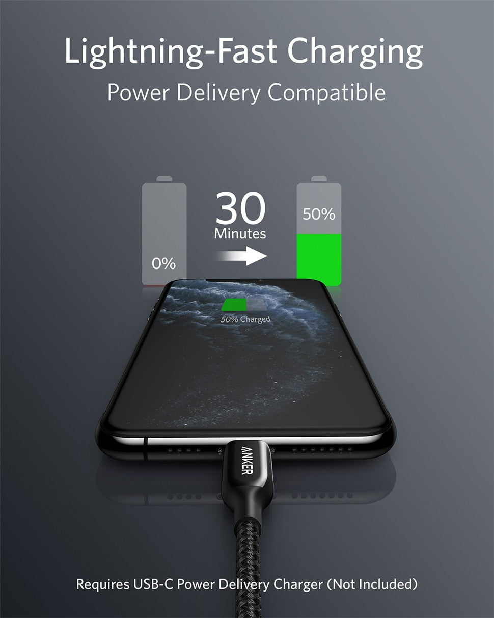 iPhone Lightning Laddkabel - USB C till Lightning-kabel Powerline+ III MFi-certifierad Lightning-kabel för iPhone 11/11 Pro/11 Pro Max, strömförsörjning