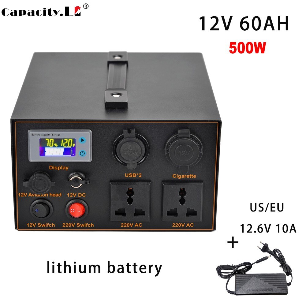 Powerstation - 12V backup lithium battery 220V/500W Laddningsbar elgenerator