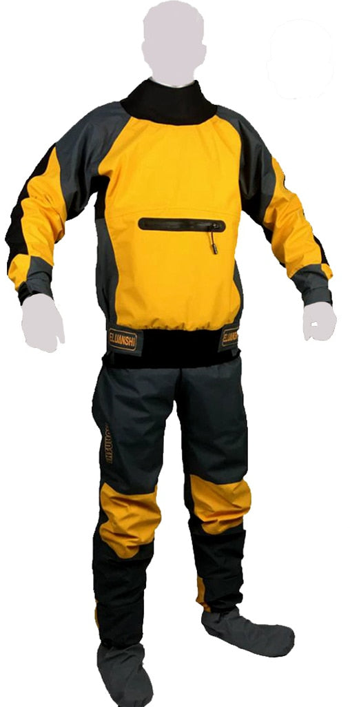 Dry suit in durable material for boating, kayaking, etc.