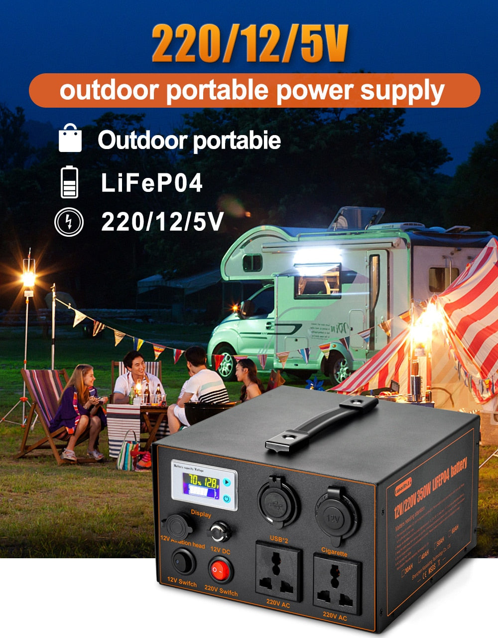 Powerstation - 12V backup lithium battery 220V/500W Laddningsbar elgenerator