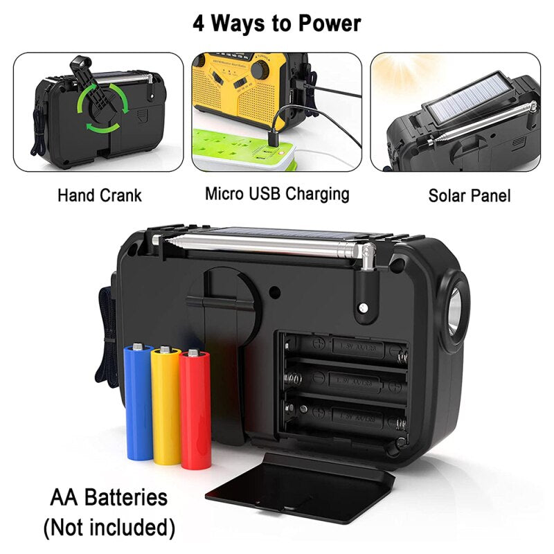 Nödradio och Powerbank - Laddas enkelt genom vev, solceller eller med batterier.