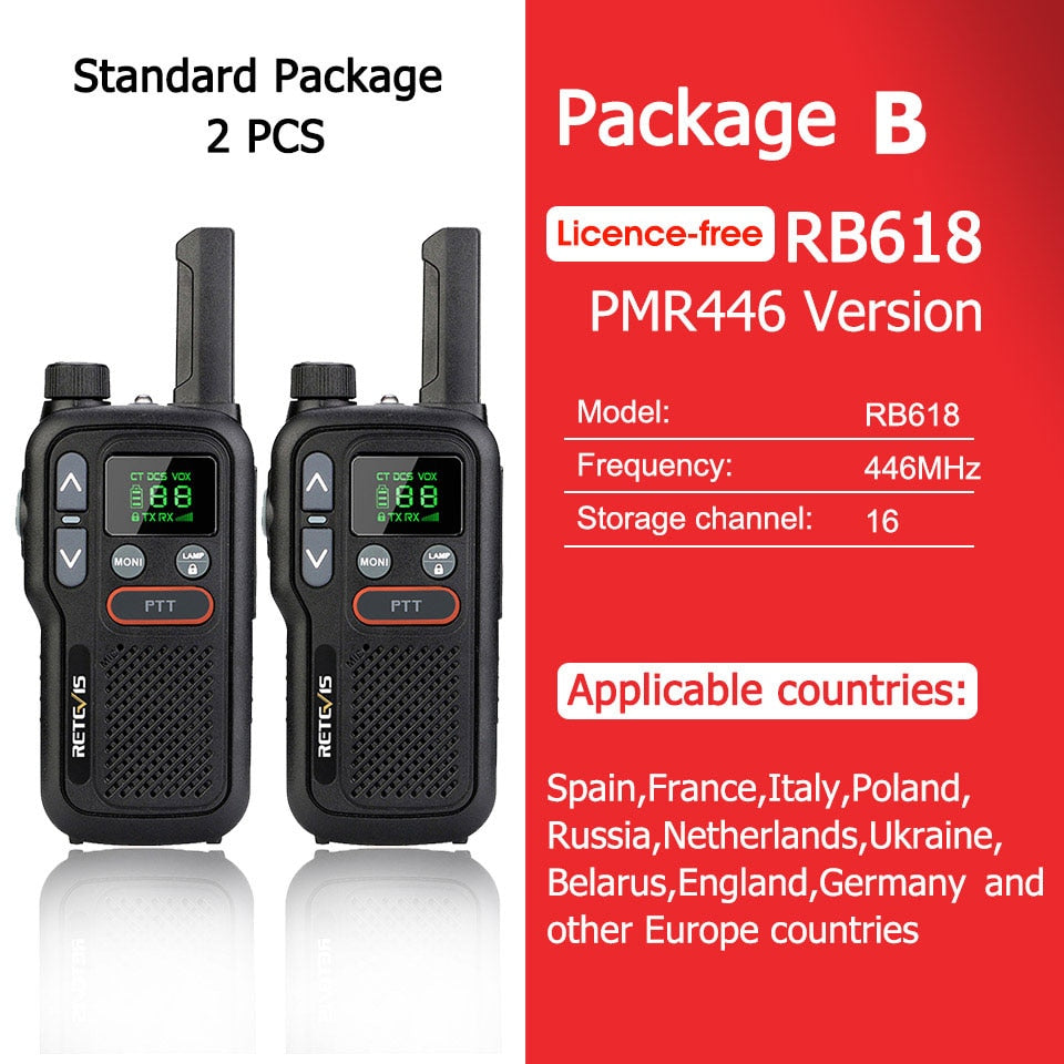 Walkie Talkie Retevis RB618 - Tvåvägsradio för jakt - Mini Walkie Talkie Rechargeable Walkie-Talkies 1 or 2 pcs PTT PMR446 Long Range Portable Two-way Radio For Hunting