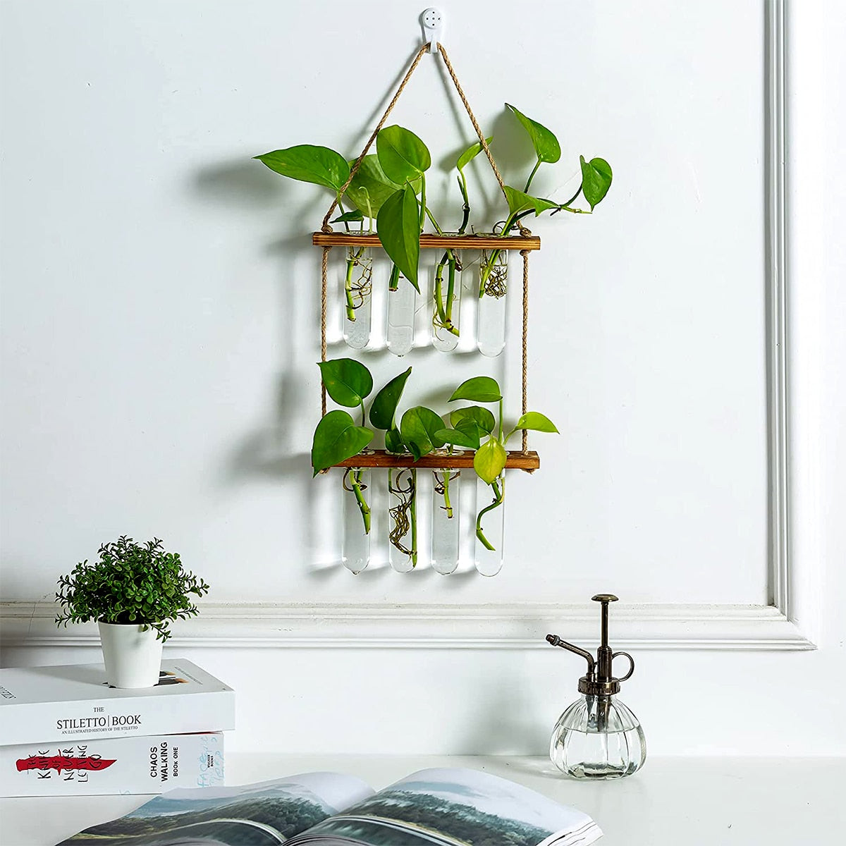 Wall Hanging Glass Planter Terrarium Container Flower Bud Vase with Wooden Test Tube Holder for Propagation Hydroponic Plant