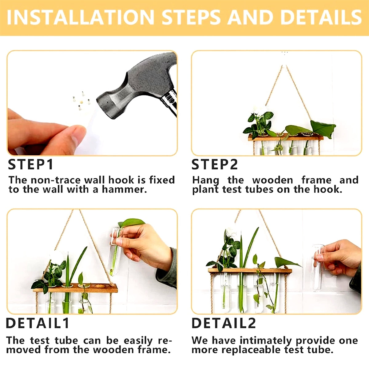 Wall Hanging Glass Planter Terrarium Container Flower Bud Vase with Wooden Test Tube Holder for Propagation Hydroponic Plant