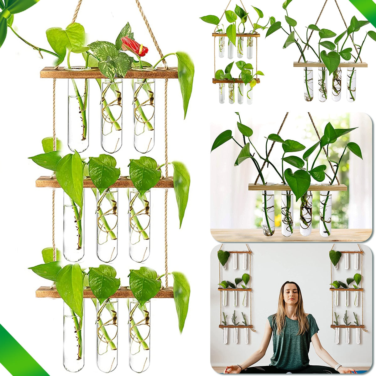 Wall Hanging Glass Planter Terrarium Container Flower Bud Vase with Wooden Test Tube Holder for Propagation Hydroponic Plant