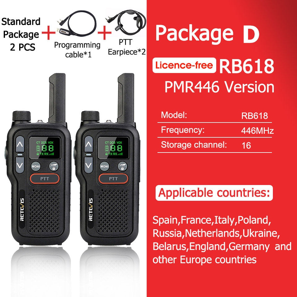 Walkie Talkie Retevis RB618 - Tvåvägsradio för jakt - Mini Walkie Talkie Rechargeable Walkie-Talkies 1 or 2 pcs PTT PMR446 Long Range Portable Two-way Radio For Hunting