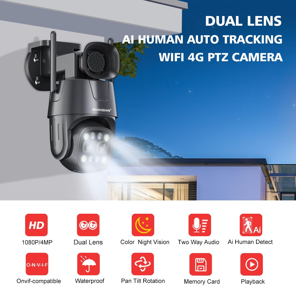 Övervakningskamera med intelligent AI - IP Camera Wifi/4G Sim Card PTZ HD 4MP 8MP Dual Lens 2.8mm-8mm