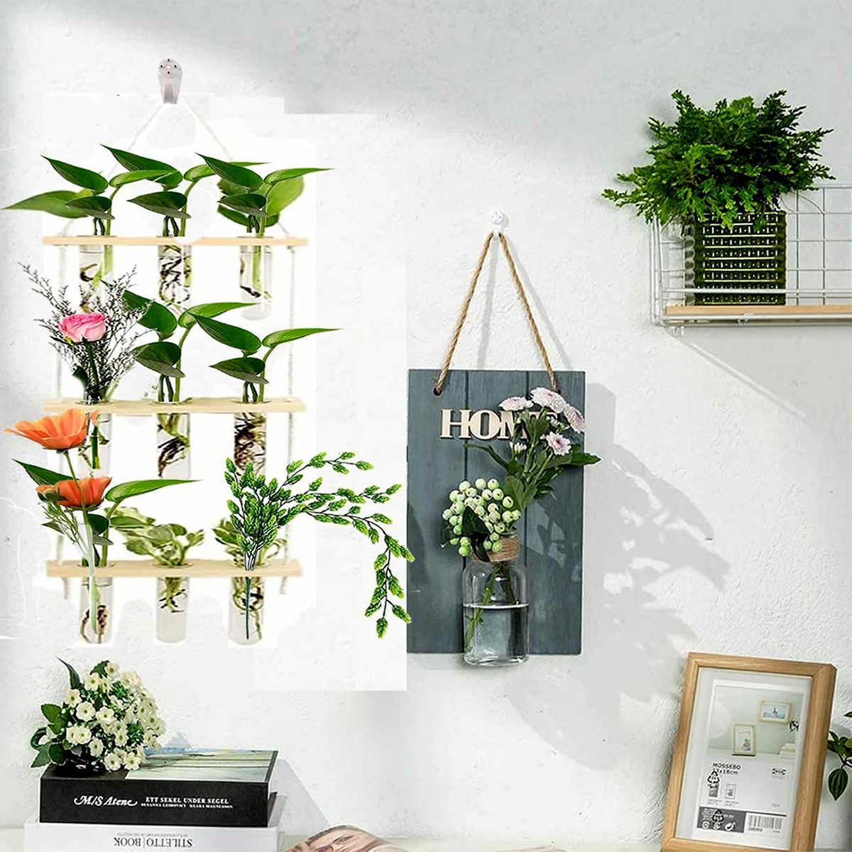 Wall Hanging Glass Planter Terrarium Container Flower Bud Vase with Wooden Test Tube Holder for Propagation Hydroponic Plant