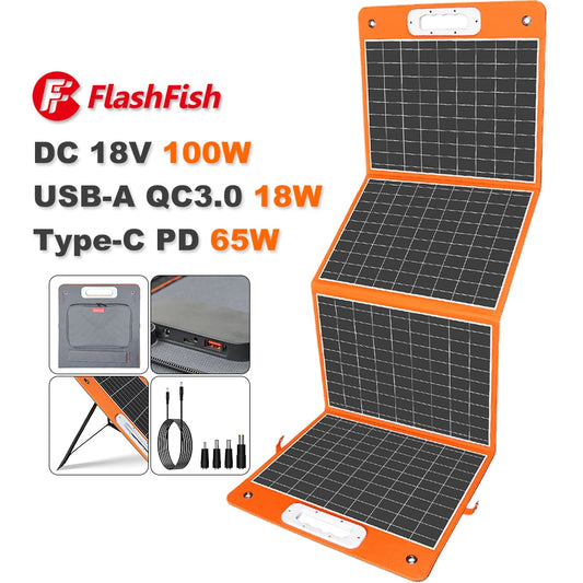 Solpanelsladdare med DC-utgång från Flashfish, 18V, 100W hopfällbar s PD Type-c QC3.0 för telefoner Tabletter Camping Van RV Trip