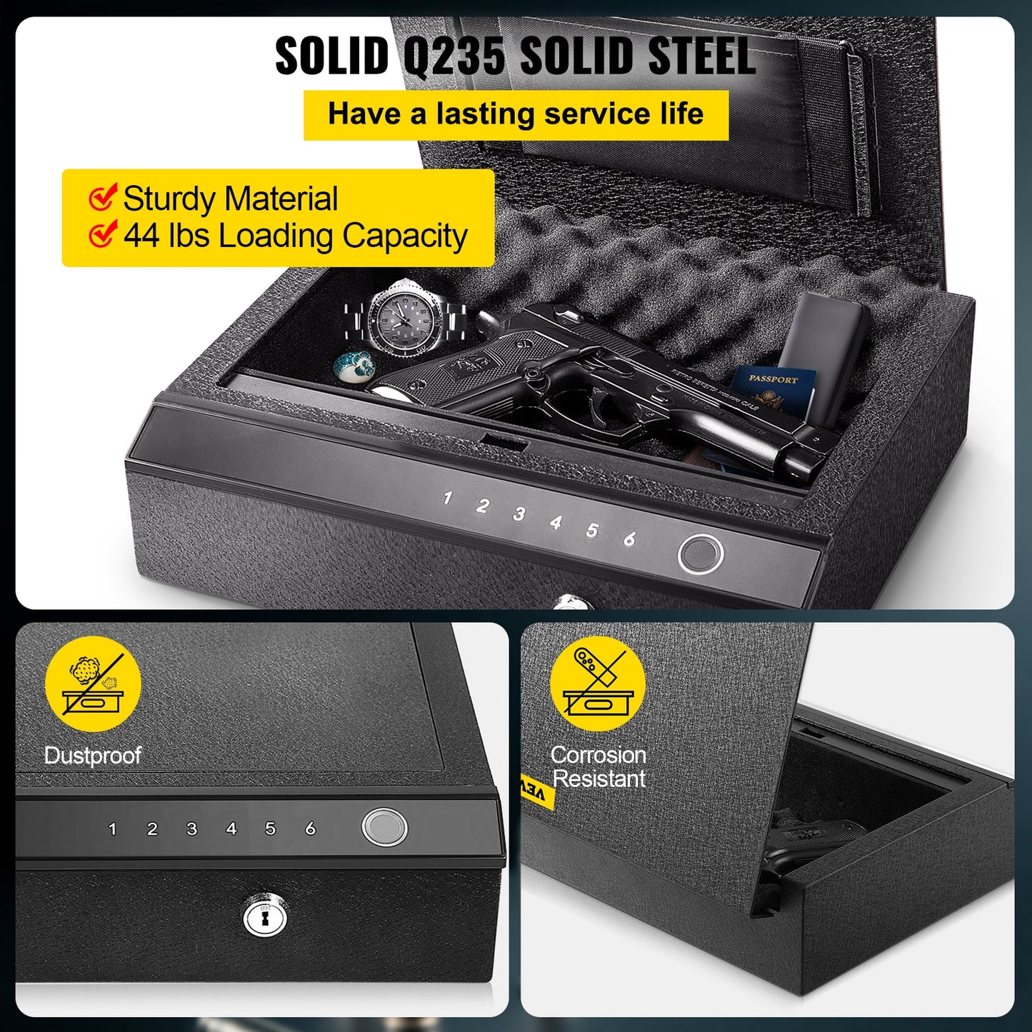 Säkerhetsbox för Pistol från VEVOR med fingavtrycksläsare - Gun Safe Q235 Steel Pistol Safe 3-Way Quick Access Firearm Case 4L Gun Box Advanced Biometric Technology Travel Gun Safe