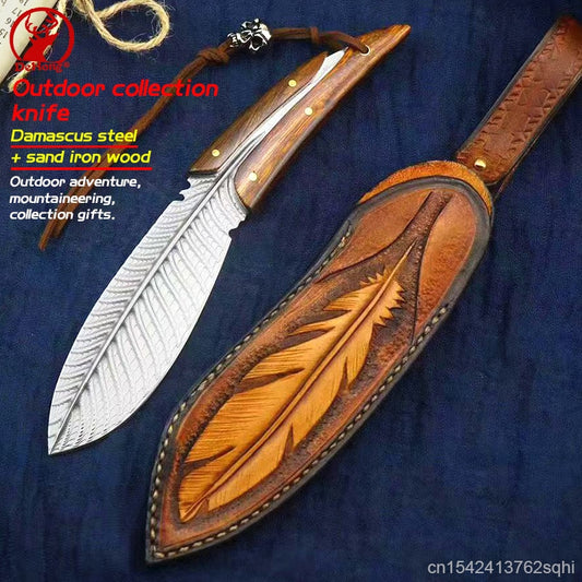 Vg10 Damascus steel straight knife feather pattern forging knife sand iron wooden handle outdoor survival knife collection knife