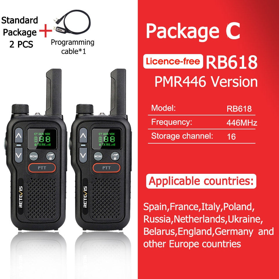 Walkie Talkie Retevis RB618 - Tvåvägsradio för jakt - Mini Walkie Talkie Rechargeable Walkie-Talkies 1 or 2 pcs PTT PMR446 Long Range Portable Two-way Radio For Hunting